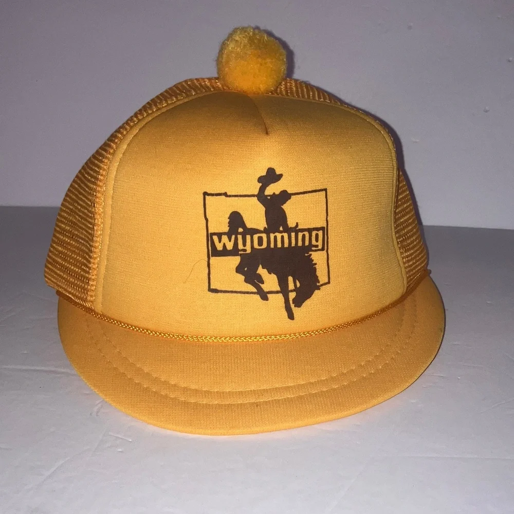 Vintage University of Wyoming Yellow Mesh Trucker Hat‎ with Pom Pom Short Visor